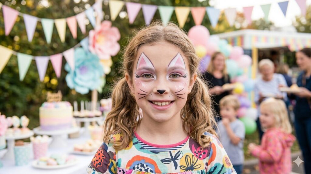 Niña con maquillaje artístico de gatita kawaii con sombra rosa y purpurina