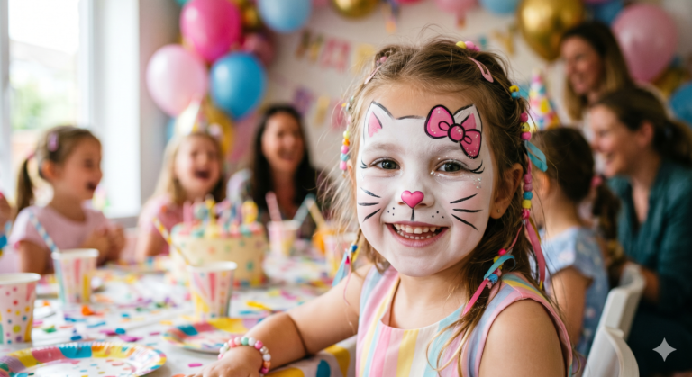 Niña con pintacaras de gatita kawaii en fiesta de cumpleaños