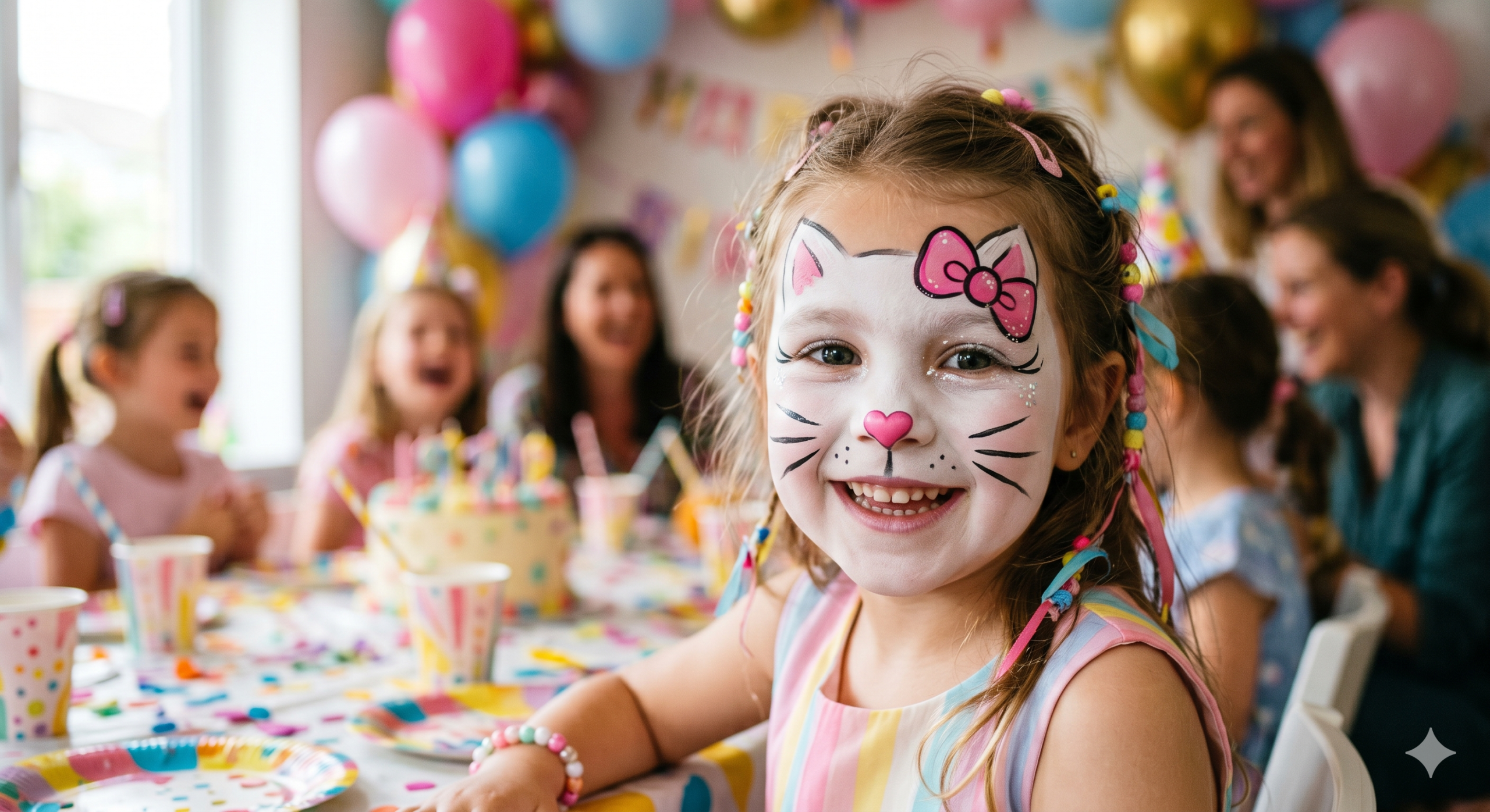 Niña con pintacaras de gatita kawaii en fiesta de cumpleaños