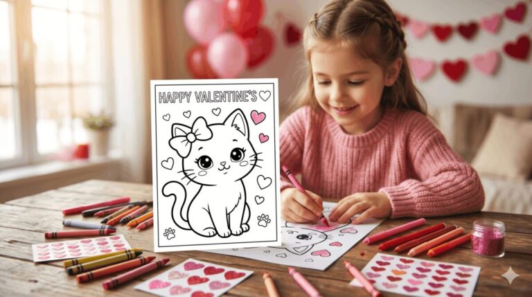 Niña coloreando dibujos de San valentin