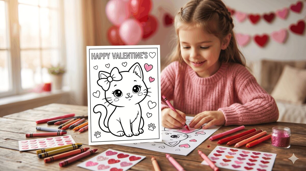 Niña coloreando dibujos de San valentin