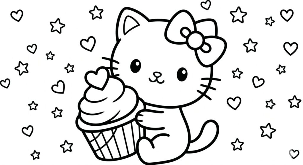 Gatita con cupcake para colorear